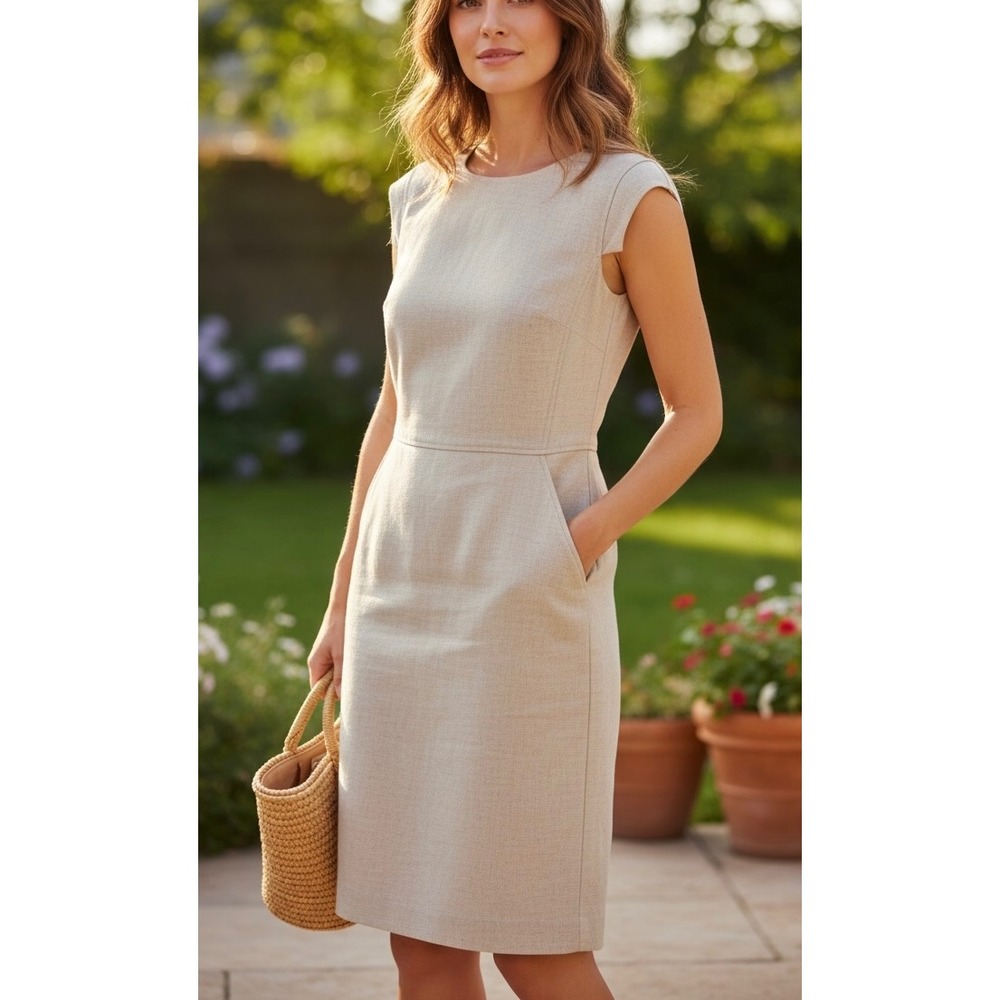 J.Crew Resume Dress Linen Blend Sheath Tan Beige Cap Sleeve Pocket Office Sz 14